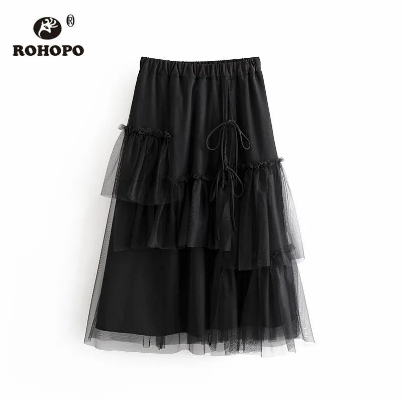 

ROHOPO High Waist Ruffled Mesh Maxi Black Midi Skirt Tulle Gradient Ruffled Ladies Autumn Maxi Pleated Accordion Falda #1360