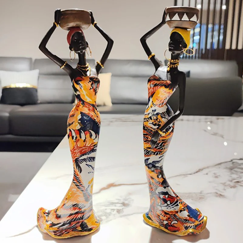 Luxury African Figurines Candle Holders Decor For Table Resin People Statue Sculpture Ornament Home Living Room Decoration
