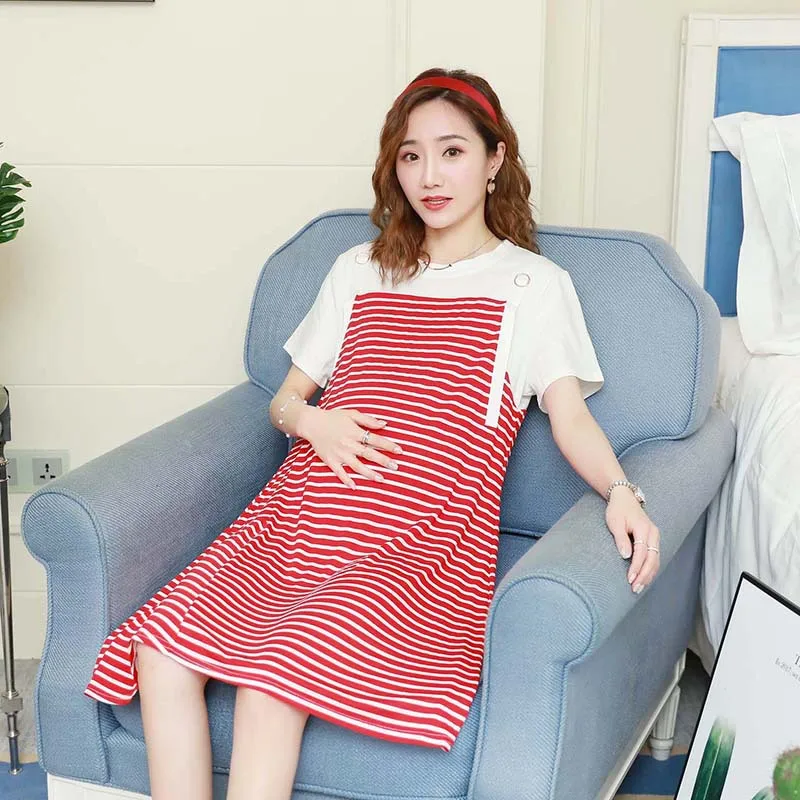 

2019 Maternity Clothes Summer Korean-style Pregnant Mother Loose-Fit Stripes Crew Neck Ribbon Short-sleeve Dress