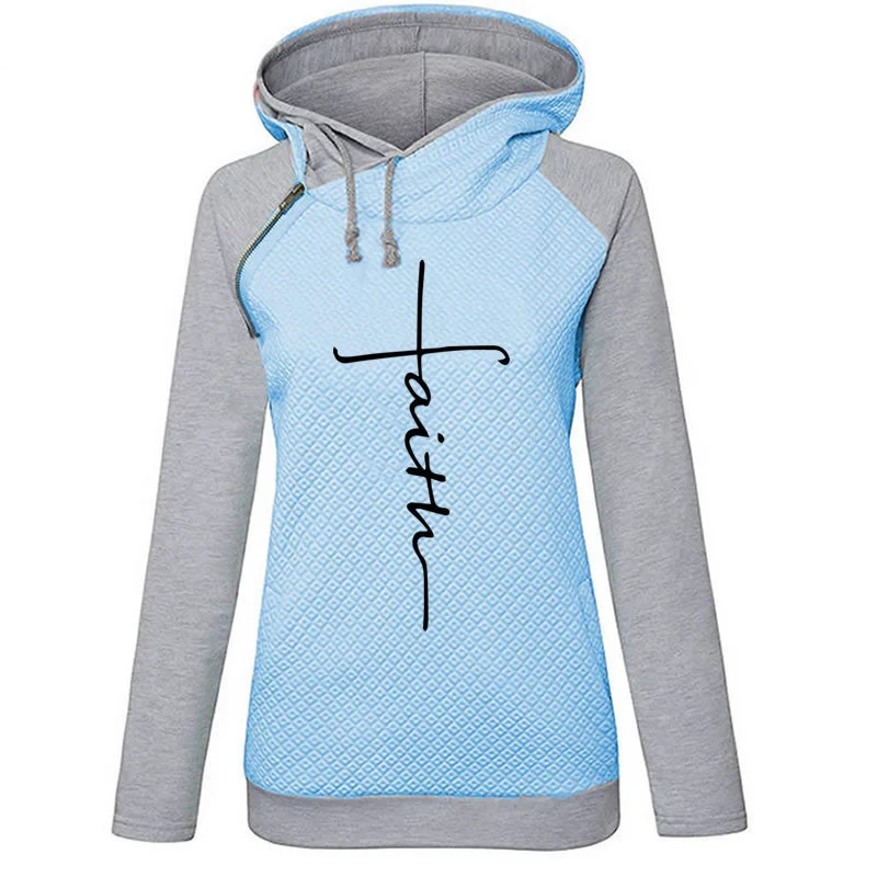  Autumn Winter Patchwork Hoodies Sweatshirts Women Faith Cross Embroidered Long Sleeve Sweatshirts F