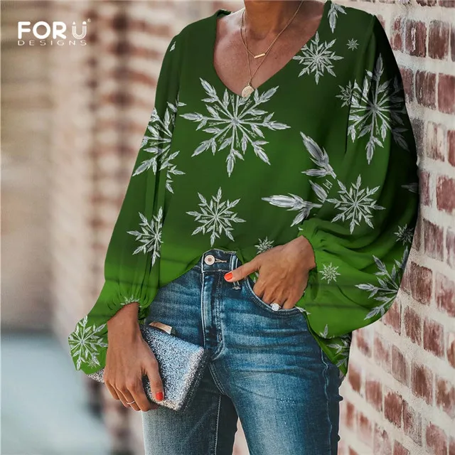 FORUDESIGNS/женские шифоновые блузки с v-образным вырезом, повседневные, с рукавом-шаром, красивые, с принтом снежинки, для девочек, мягкие, вечерние, для улицы, рубашки - Цвет: HMQ115B2