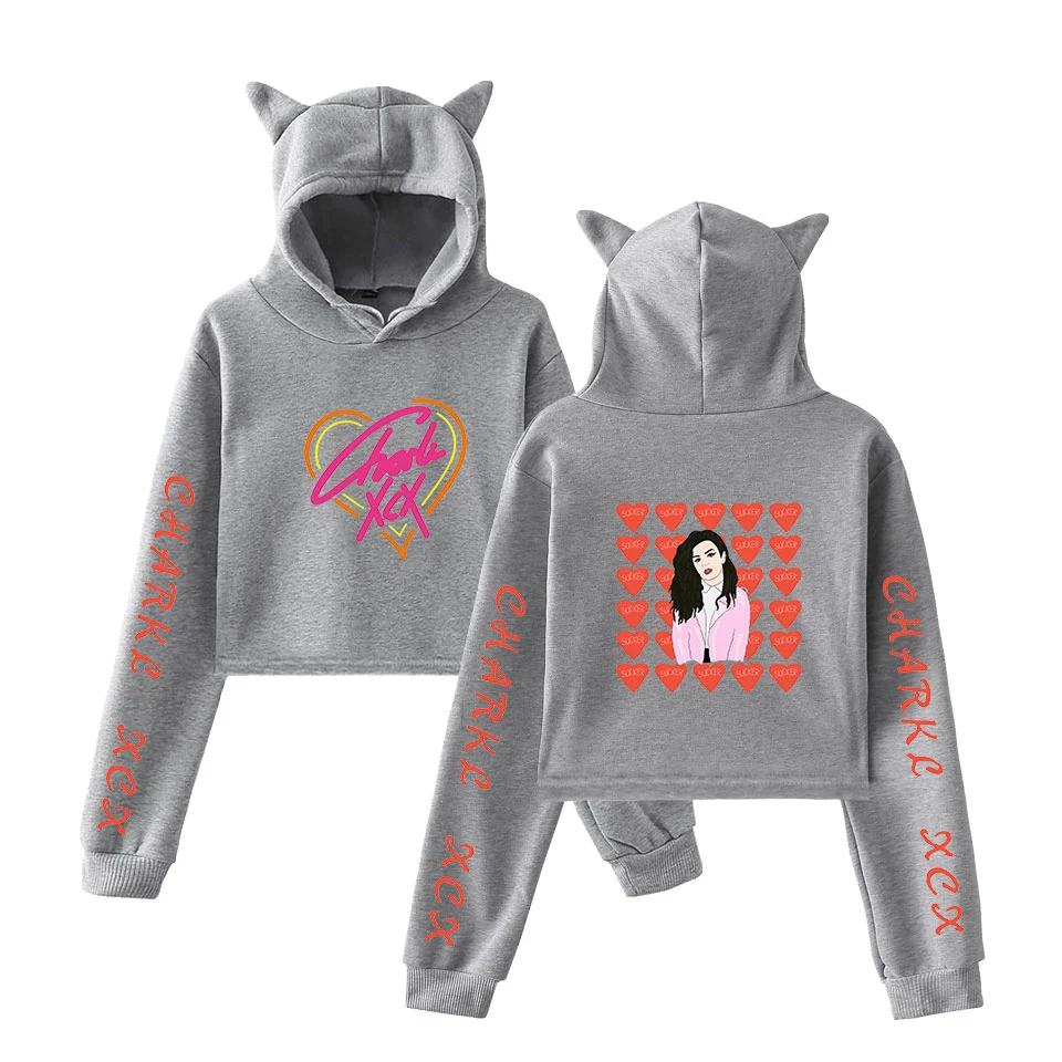 Модные Charli XCX кошачьи уши Повседневные Удобные толстовки с капюшоном для женщин поп кроп топ толстовки женские худи для девочек белые пуловеры толстовка