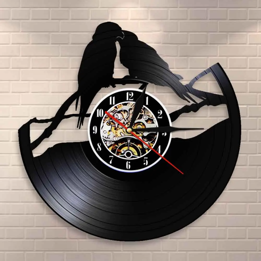 BEST  Parrots on Branch Vinyl Record Clock Parrot Couple Aviary Wall Decor Art Clock Birds Wall Clock Wat