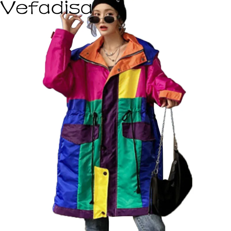 

Vefadisa Plus Size Contrast Color Women Overcoat 2020 Autumn Patchwork Hooded Trench Coat Drawstring Waist Long Coat QYF4186