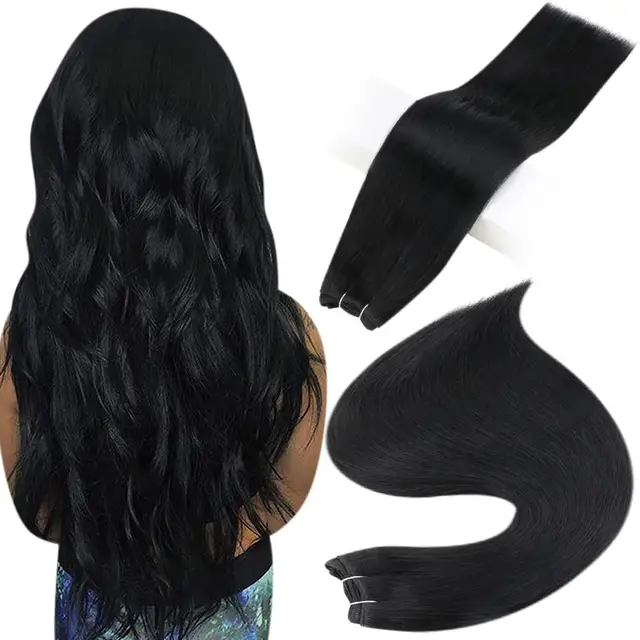 Full Shine Human Hair Weft Extensions Hair Bundles Ombre Blonde Color 100g Sew In Silky Straight Remy Skin Double Weft For Salon 1 Jet Black