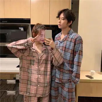 

Autumn Korean Lovers Lattice Print Comfortable Long-sleeved Loose Home Service Sweet Cute Slim Cotton Pajamas Trousers Suit