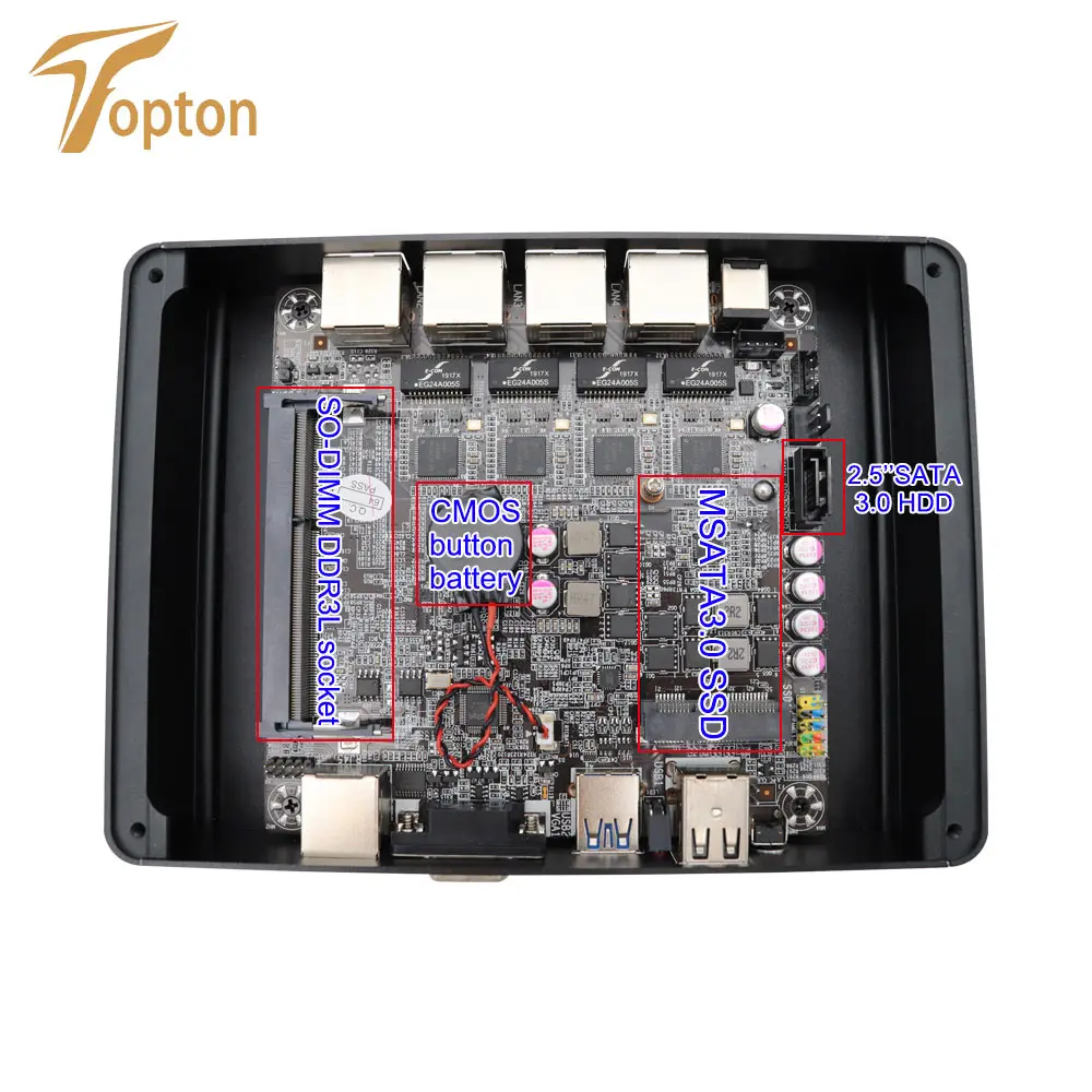 Topton безвентиляторный Pfsense мини-ПК Intel Celeron J1900 4* Lan 1* RJ45 межсетевой маршрутизатор 24 часа работы USB 3,0 VGA с кронштейном VESA