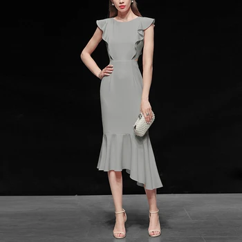 

Seifrmann Women Summer Fashion Designer Office Mermaid Dress Short Sleeve Ruffles Solid Printed Female Midi Dresses vestidos