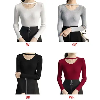 

Women Autumn Ribbed Knit Sweater Choker Faux Pearl Sexy Hollow V-Neck Jumper Top