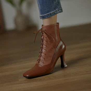 

Genuine Leather New Boots Women Ankle Boots Autumn Winter Warm High Heels Shoes Woman square Toe Cross-tied Quality Shoes