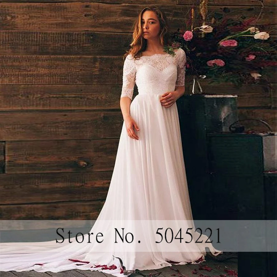 Fantastic-Chiffon-Bateau-Neckline-Floor-length-A-line-Wedding-Dresses-Half-Sleeves-Open-Back-Bridal-Dress