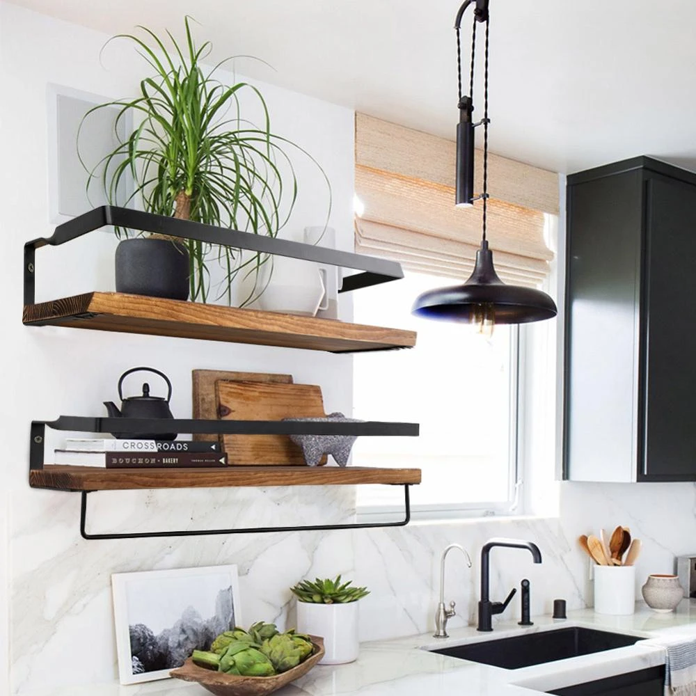 2Pcs Wall Shelf Set Metal Wooden Rustic Floating Storage for Kitchen Bathroom Towel Frame Multi Storage Holder Home Decoration