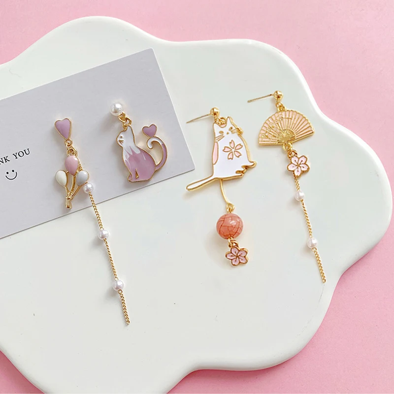 

2019 New Arrival Gold Color Asymmetric Animal Elephant Cat Rabbit Bee Bear Stud Earrings For Women Fashion Pearl Long earrings
