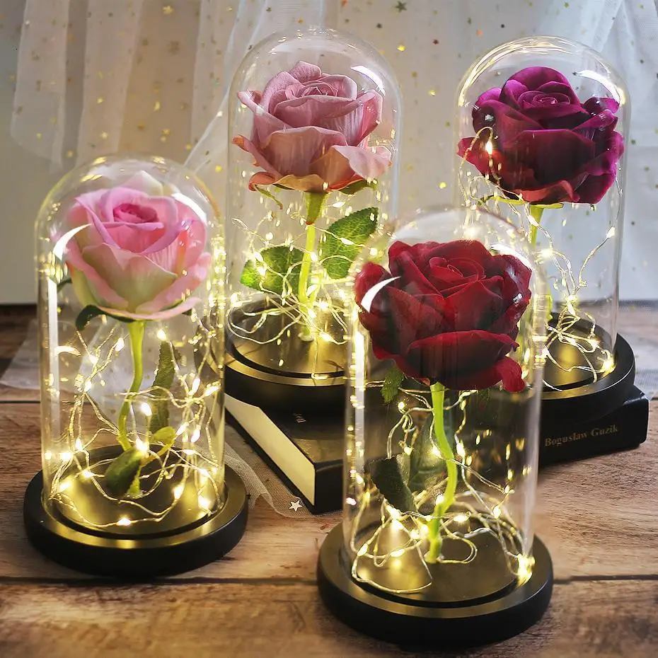 Прямая поставка; красная роза в стеклянном куполе; Светодиодный светильник; деревянная основа для подарка на Рождество и День святого Валентина