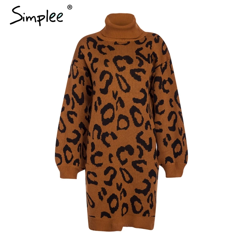 Simplee Элегантное Вязаная водолазка леопардовое вечернее платье с длинными рукавами шикарные прямые зимнее платье - Цвет: Camel