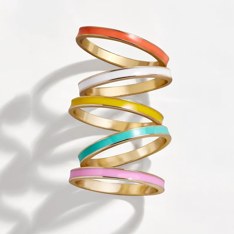 

5PCS Rainbow Stackable Ring Set For Women Colorful Gold Enamel Ring Gold Filled Jewelry Women Gifts Bohemia Finger Eternity Ring