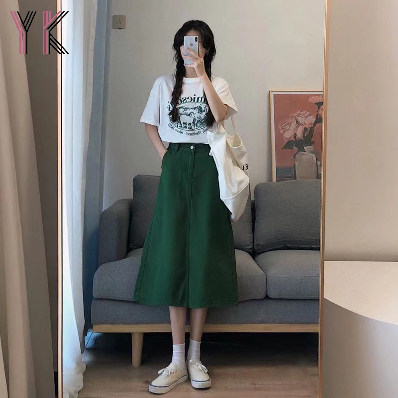 Harajuku faldas plisadas verdes para mujer, faldas de cintura alta, camisetas blancas, de ropa de verano|Faldas| - AliExpress