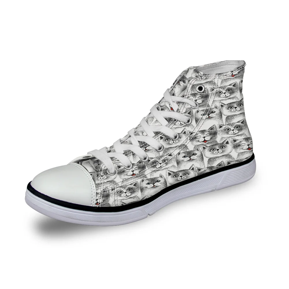

WHEREISART Women Canvas Shoes Cartoon Funny Cat Black White High Top Flats Unisex Vulcanized Shoes Female Casual Shoes Sneakers