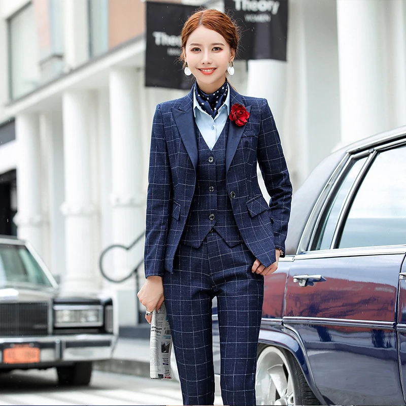 blue coat vest pant IZICFLY синий клетчатый деловой костюм из 3 предметов женский брючный жилет и блейзер комплект офисная Форма Элегантный брючный костюм с жилетом - Цвет: blue coat vest pant