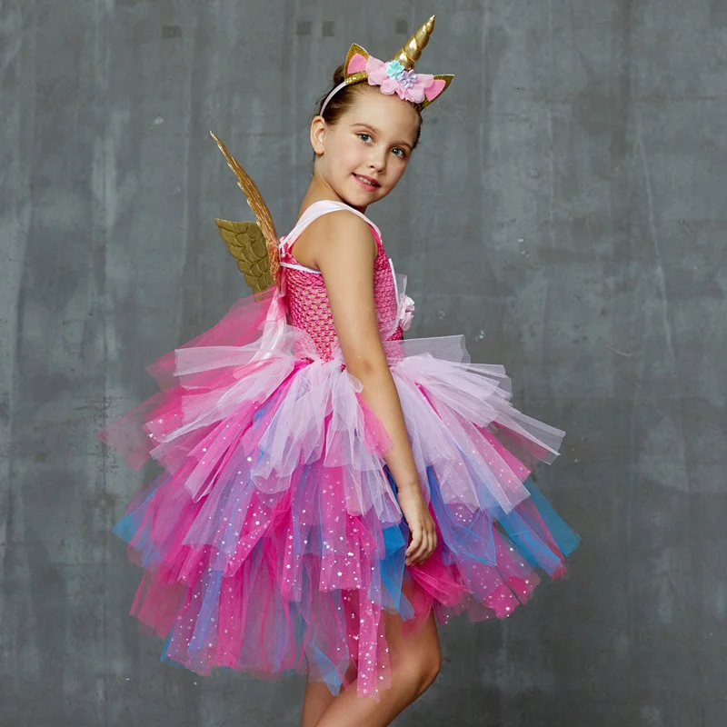 Glittery Unicorn Princess Pageant Flower Girl Tutu Dress Kids Party Costume with Headband and Wings Halloween Cosplay Girl Dresses (4)