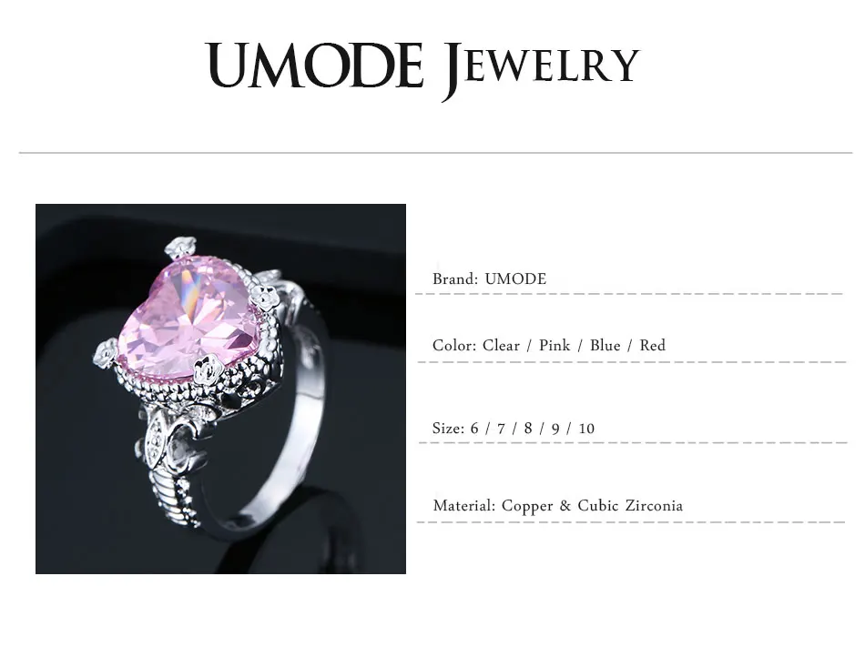 UMODE Кристальный, сердце, кольцо, Дамское очаровательное циркониевое обручальное кольцо, женские модные ювелирные изделия, Роскошные вечерние Обручальные кольца для девушек, подарки UR0591