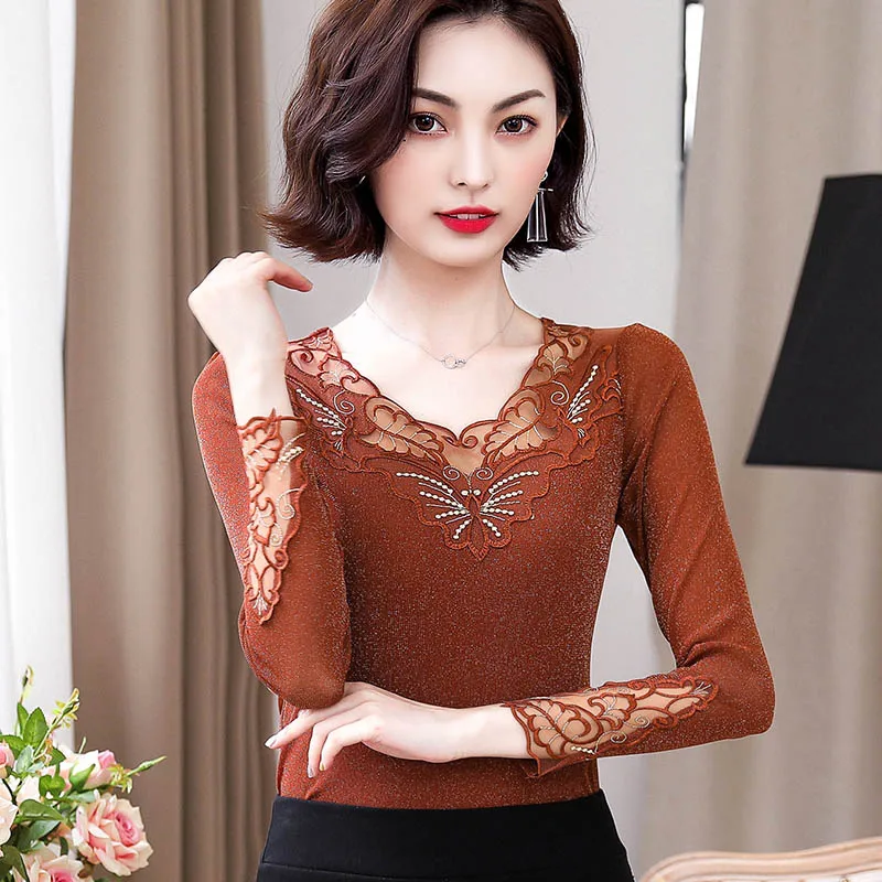 light brown Dingaozlz Осенняя кружевная блузка Лоскутные сетчатые Топы Повседневная Женская рубашка с длинными рукавами blusa feminina одежда больших размеров - Цвет: light brown