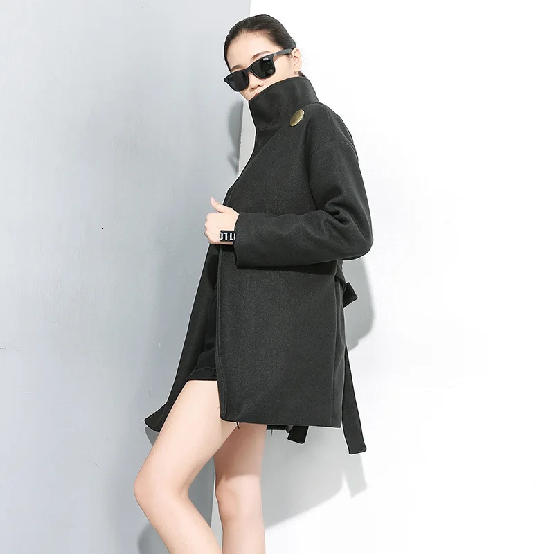 LANMREM зимнее Новое индивидуальное черное шерстяное пальто для женщин с высоким воротником и завязками теплое необычное пальто PB891
