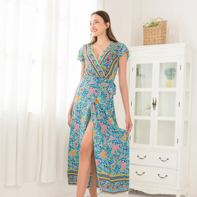 

CINESSD Women Floral Print Beach Dress Sexy V Neck Short Sleeve Lace Up A Line Split Swing Bohemian Casual Maxi Chiffon Dresses