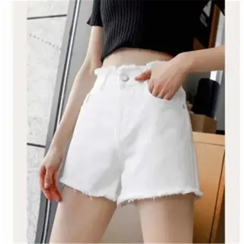 Women Summer White Denim Shorts 2021 Female New High-Waist Hole Loose Denim Shorts Korean Version Of Raw-Edge Wide-Leg Hot Pants