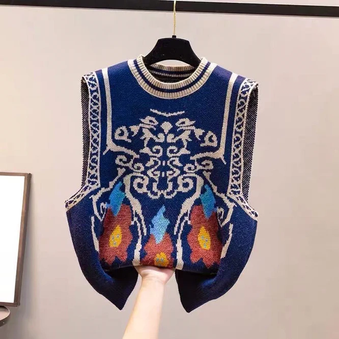 

Navy blue Retro O-neck Lady Women Knitted Cardigan Vest Women's Waistcoat Sleeveless Sweater Vest Girls Student Casual Cloth Top