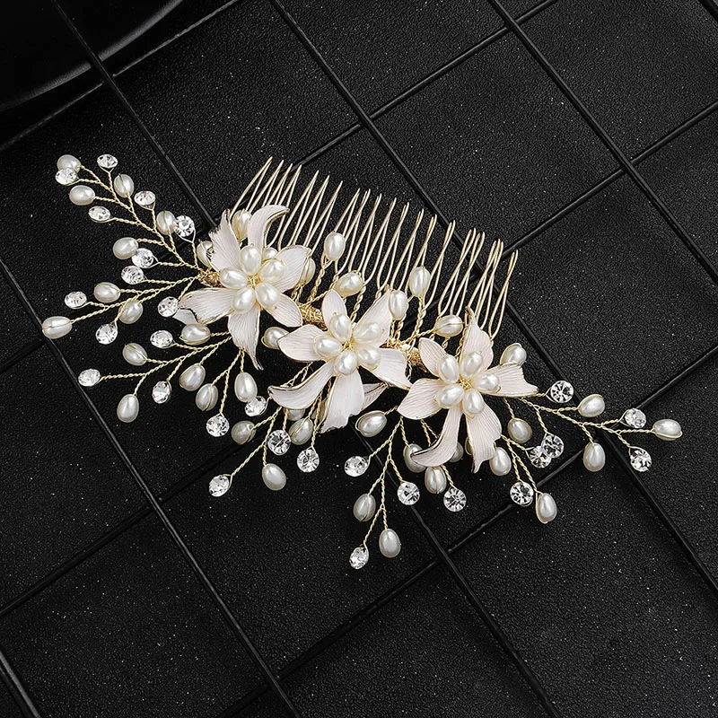 Floralbride Handmade Wired Rhinestones Crystal Pearls Flower Wedding Hair Comb Bridal Headpieces Hair Accessories Women Jewelry
