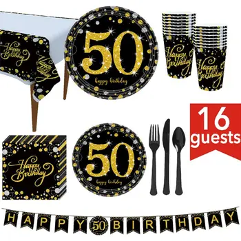 

50th Birthday Party Supplies,Black and Gold Banner, Disposable Tablecloth, Knives, Spoons, Forks, Paper Plates, Napkins, Cups