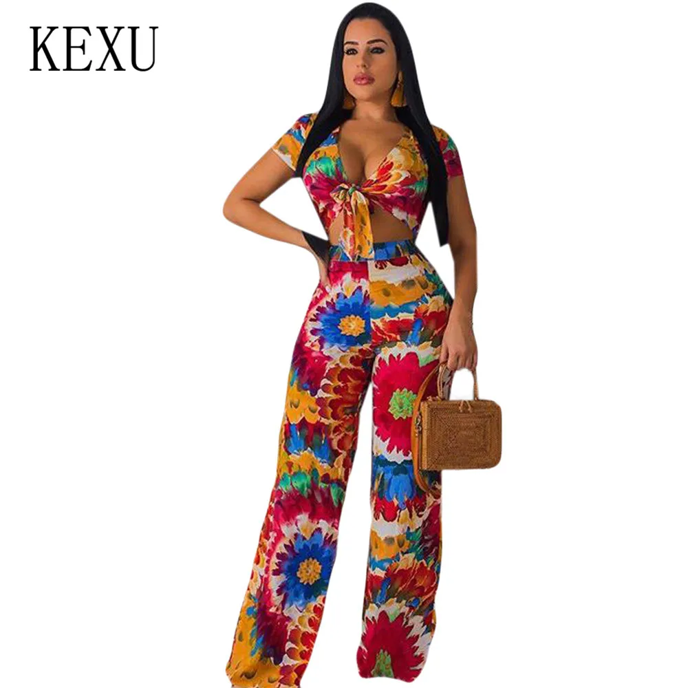 

KEXU Summer Macacao Feminino Sexy V Neck Female Playsuits Two Pieces Sets Boho Floral Printed Vintage Jumpsuits Women Rompers