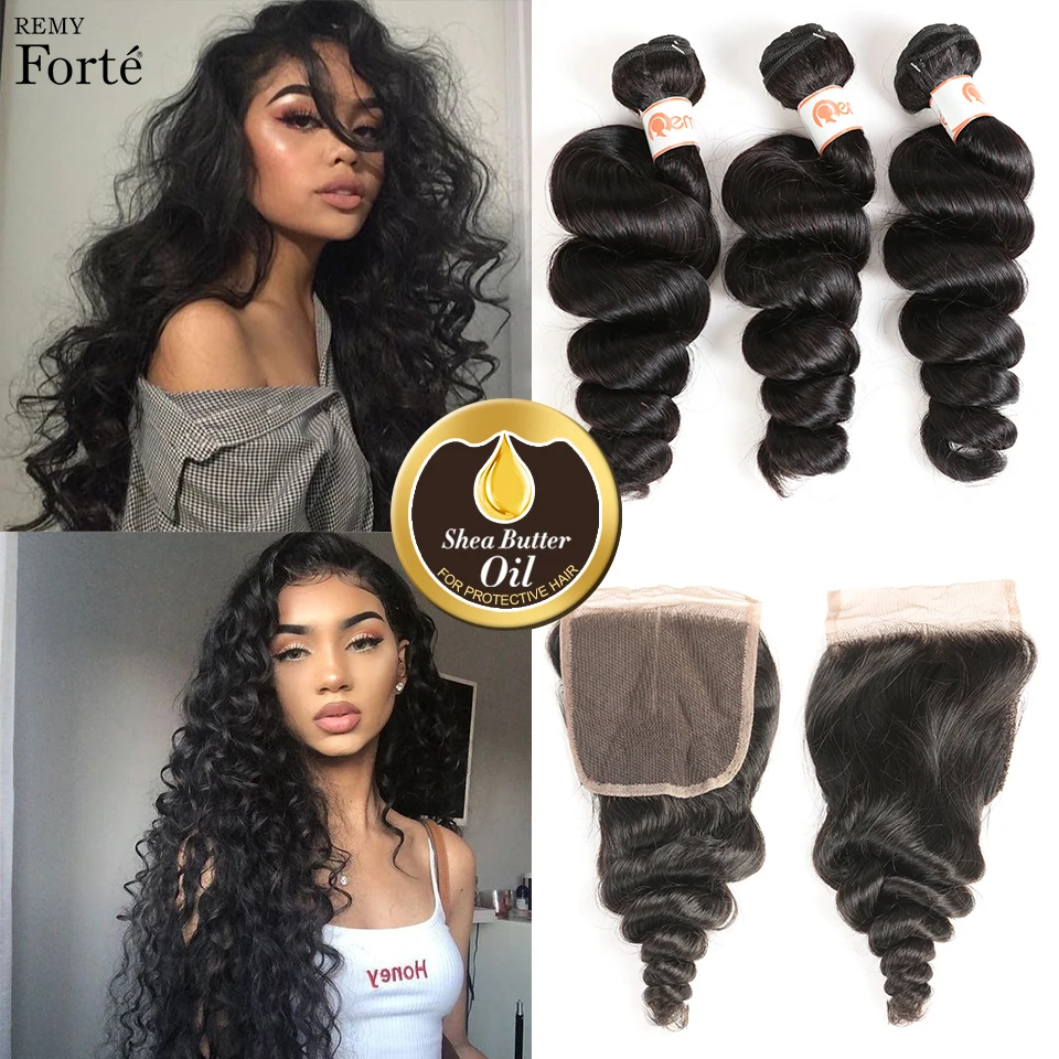 Remy Forte 30 Inch Loose Wave Bundles With Closure Brazilian Hair Weave Bundles With Transparent Lace Closure Loose Body Hair