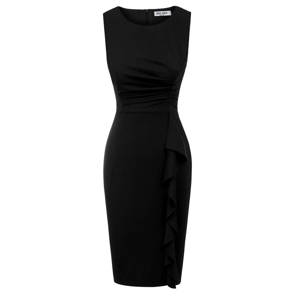 

Women Ruffle Pencil Dress Pleated Sleeveless Crew Neck Hips-Wrapped Evening Office Lady Work Business Party Dress Knee Length