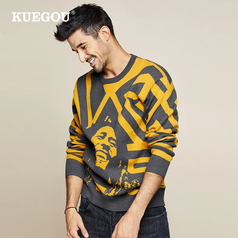 

KUEGOU 2019 Autumn Patchwork Character Sweater Men Pullover Casual Jumper For Male Knitted Korean Style Clothes Plus Size 1754