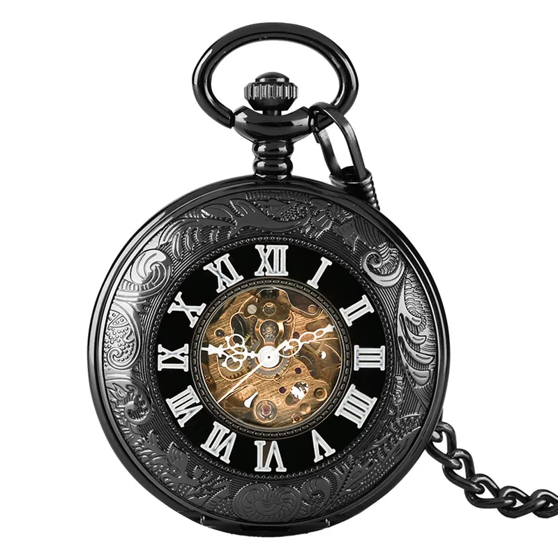 Retro Pocket Watch Carving Roman Numerals Hollow Automatic Mechanical Watches for Men Women Pendant Chain Collectable Clock