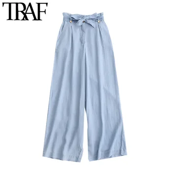 

TRAF Women Chic Fashion With Belt Denim Wide Leg Pants Vintage High Elastic Waist Side Pockets Female Trousers Mujer