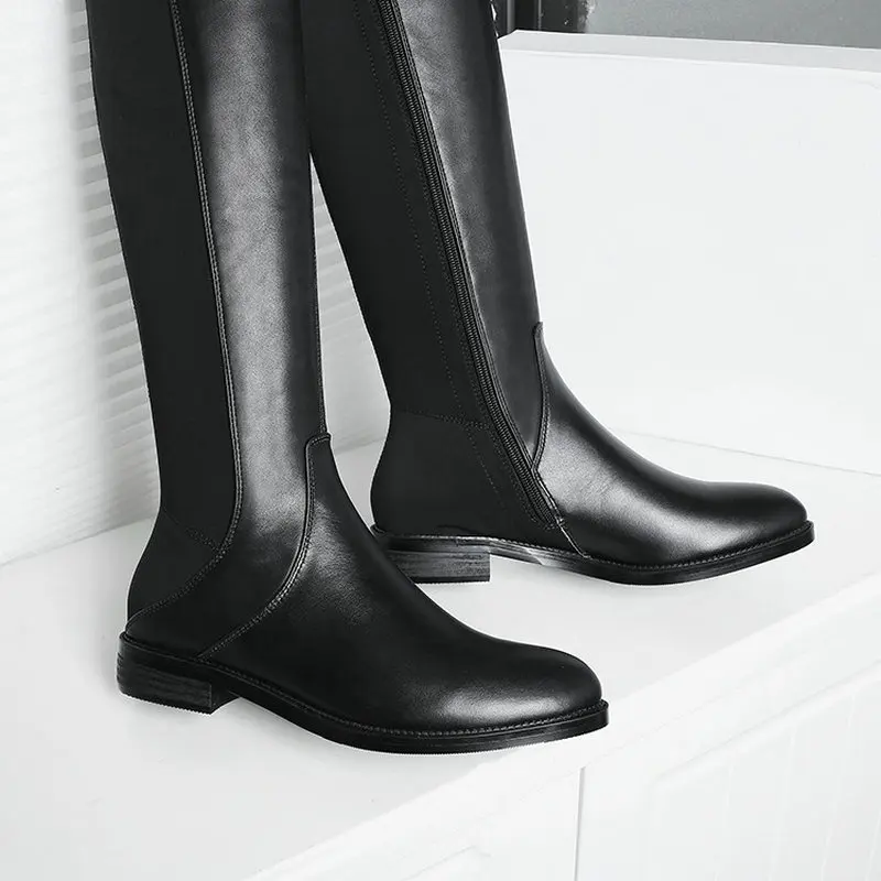 Genuine Leather over the Knee High Boots Casual Ladies Sock Shoes Platform Spring Winter Women Long Footwear