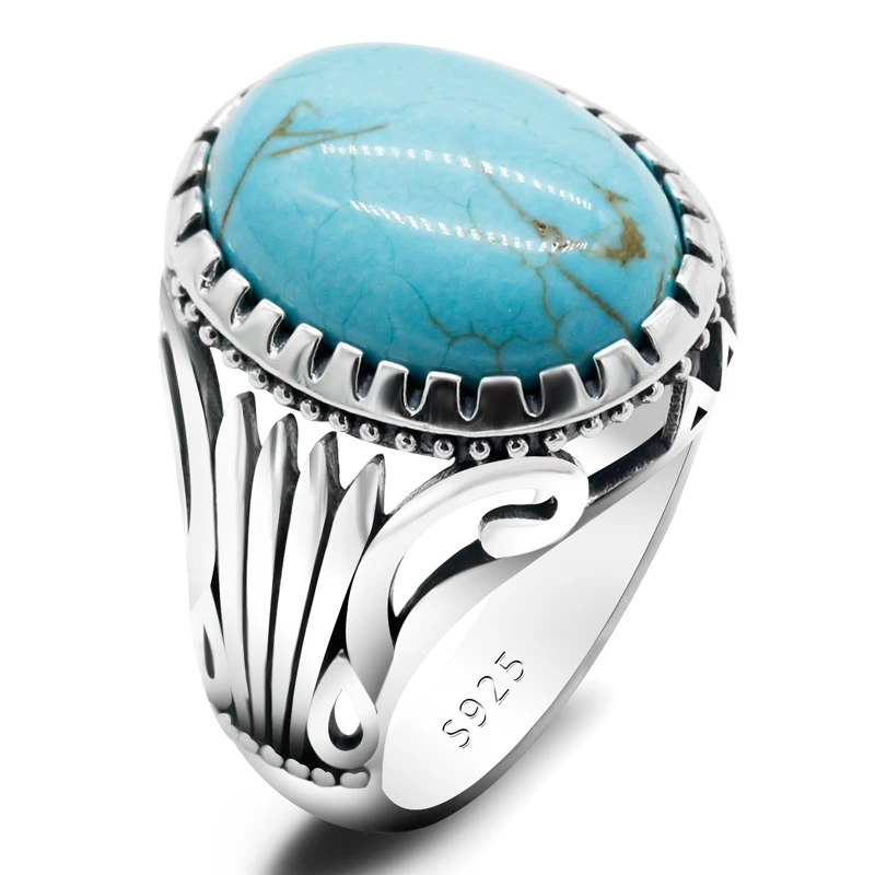 Natural Turquoise Stone Ring for Men 925 Sterling Silver Vintage Statement Oval Blue Stone Men’s Ring Turkish Handmade Jewelry