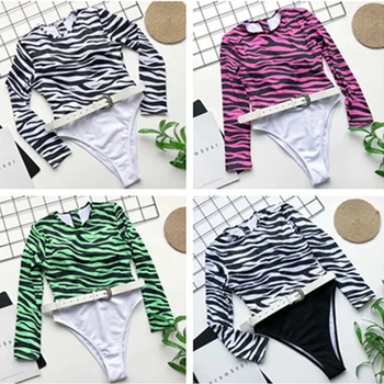 

Bikini 2020 Dj Zebra Stripes Party Gogo Dance Costumes Sexy Long Sleeve Bikini Stage Costume Swimsuit Female Swimwear DQS3853