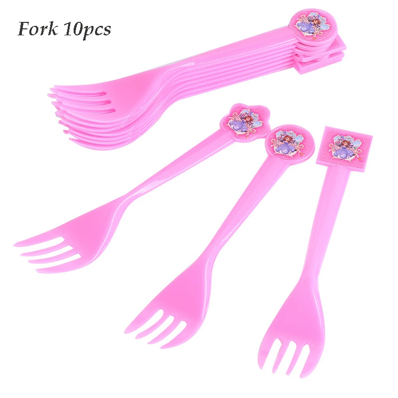 Fork 10pcs Принцесса тематика-София вечерние столовые приборы девочки дети день рождения одноразовые декоративные тарелки салфетки для стаканчиков Детские душевые принадлежности для декора - Цвет: Fork 10pcs