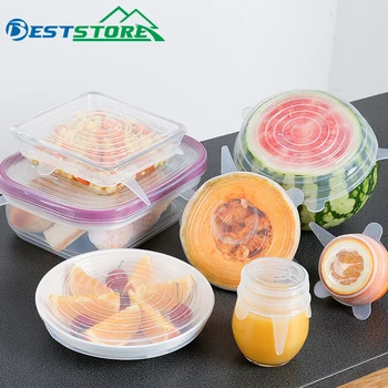 

6Pcs Food Grade Silicone Stretch Lids Transparent Stretching Fruit Food Wrap Covers Pan Fresh Keeping Bowl Universal Cover