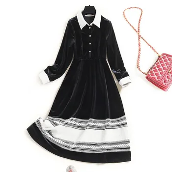 

Autumn Dresses for Women 2020 New Fashion Clothes Long Sleeve Turn Down Collar White Black Color Block Velour Dress