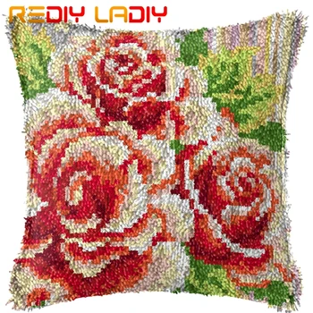 

Latch Hook Cushion Red Peonies Pillow Case Pre-Printed Color Canvas Acrylic Yarn Latched Hook Pillow Crochet Cushion Cover Kits