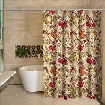

Rowan Odorless Waterproof Shower Curtain Fall Season Themed Mixed Pattern with Maple Birch Oak Autumn Leaves and Ashberries