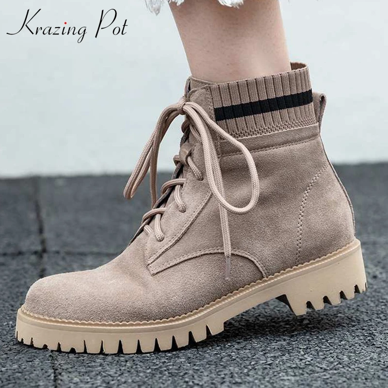

krazing pot natural cow suede lace up mixed color knitting med heels round toe superstar western cowboy stretch ankle boots l51