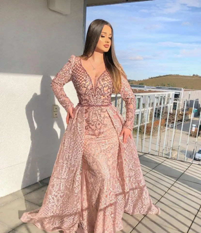 

Vintage Beaded V-Neck Long Sleeve Dubai Tulle Evening Dresses Mermaid Lace Dinner Formal Party Dresses For Women