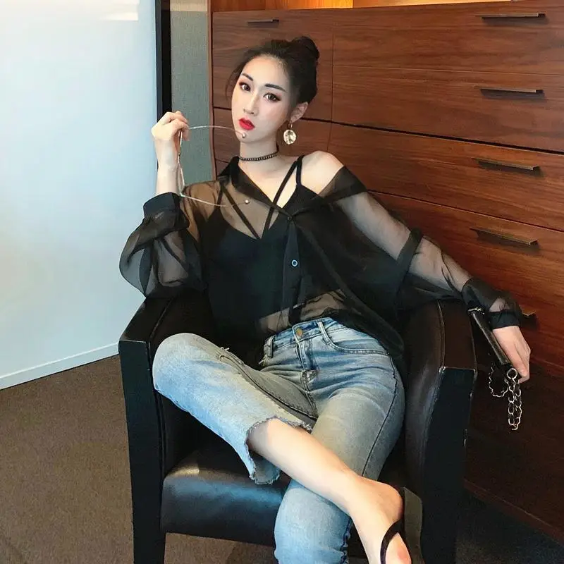 블라우스 여성 여성 의류 여름 섹시한 시폰 원근법 셔츠 코트 여성 Blusas Ropa De Mujer