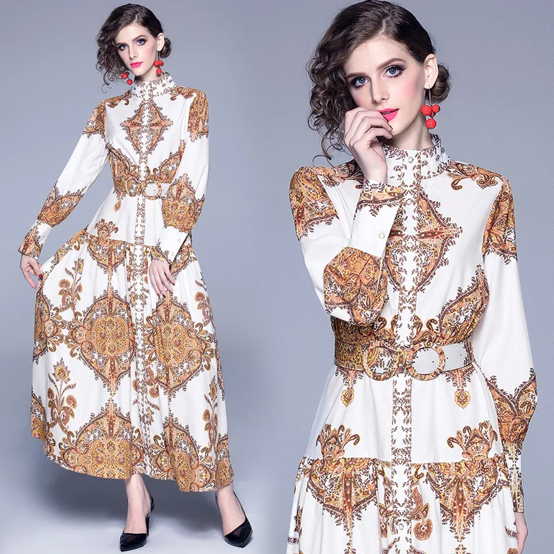 

2019 Spring Summer Fall Runway Vintage Floral Print Mock Neck Belt Empire Waist Long Sleeve Women Party Casual A-Line Maxi Dress